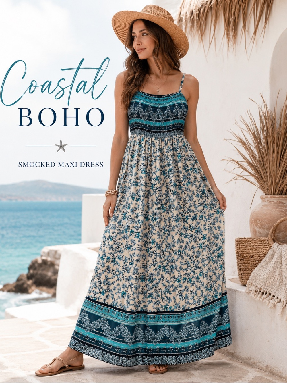 Boho Smocked Maxi Dress Blue Floral Satin Spaghetti Strap Medium Cottagecore